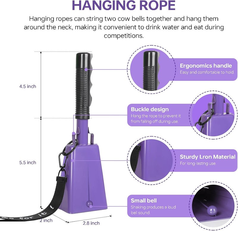 Mardili 10 Inch Cowbells with Handle, Cheering Bell Noice Maker for Sporting Events-Football Games, Stadiums, Chimes Percussion Musical Instruments Call Bell Alarm 2 Pack (Purple) - Image 3